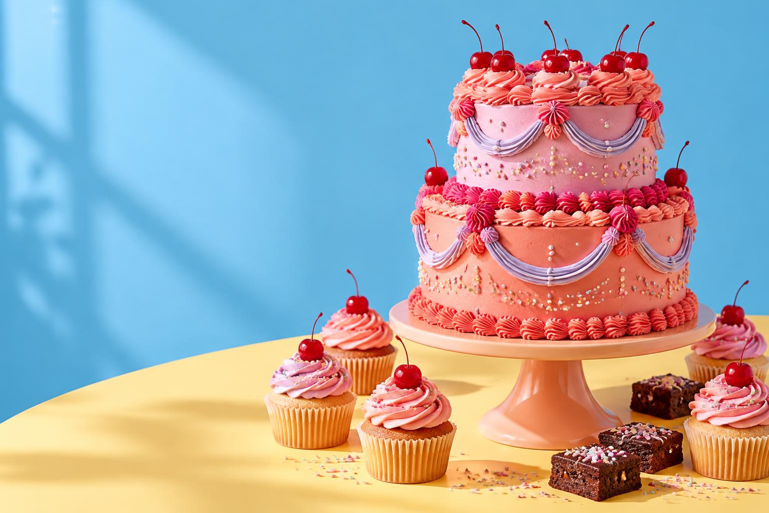 A colourful celebration cake with cupcakes and brownies